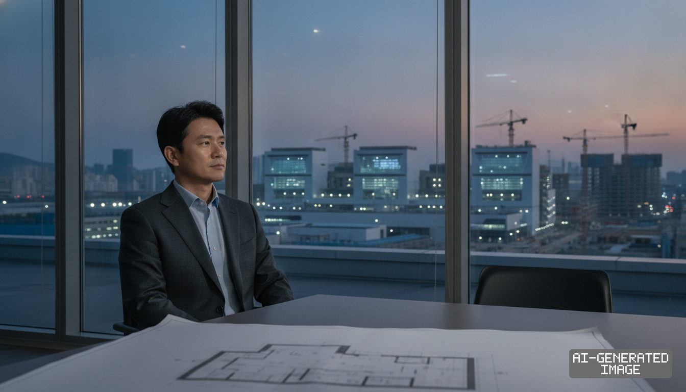 An executive sits by blueprints in an office overlooking a semiconductor fabrication facility under construction at dusk. (AI-generated image)