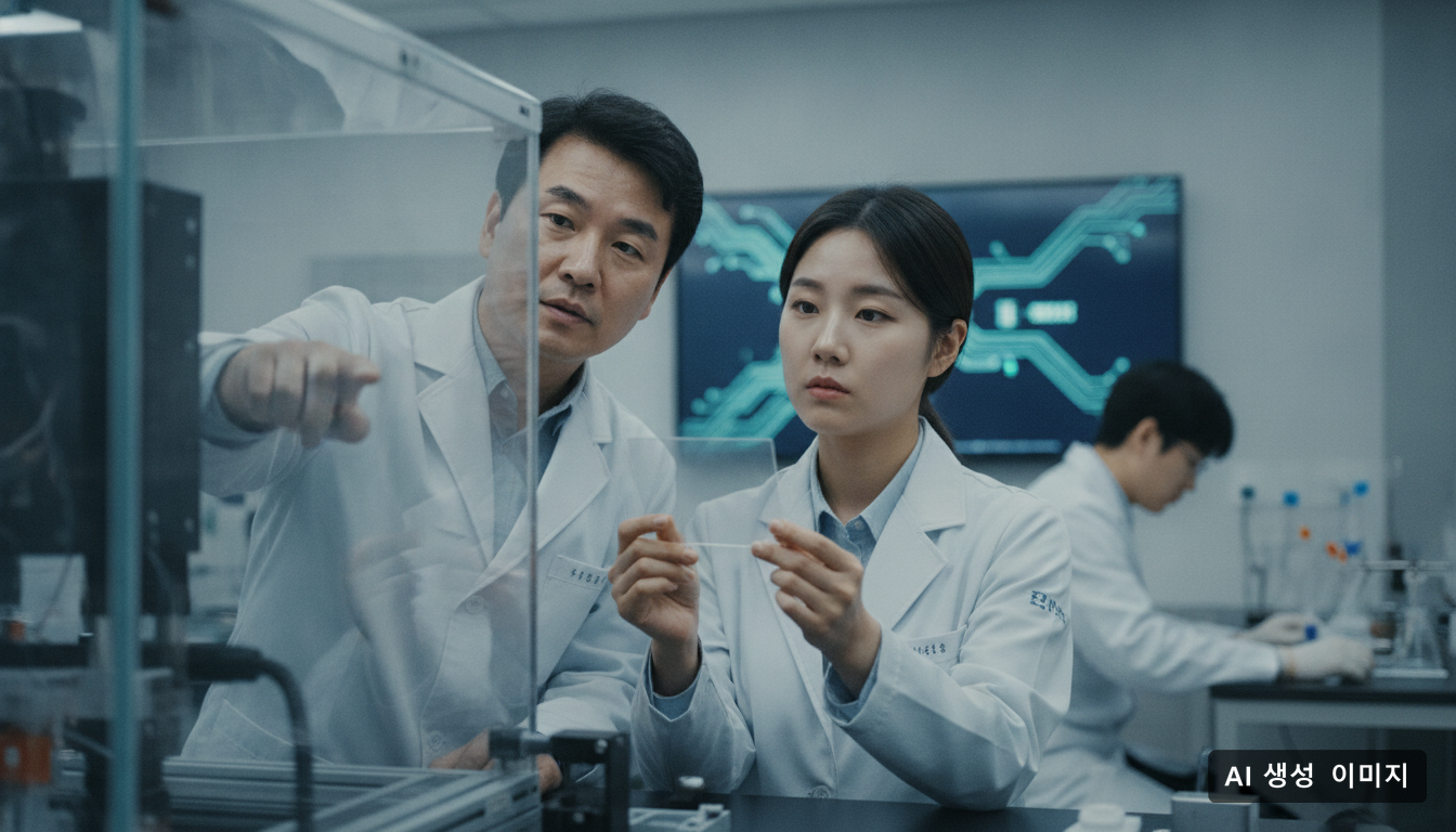 Researchers inspect a transparent glass substrate in a laboratory developing advanced materials for next-generation semiconductors. (AI-generated image)
