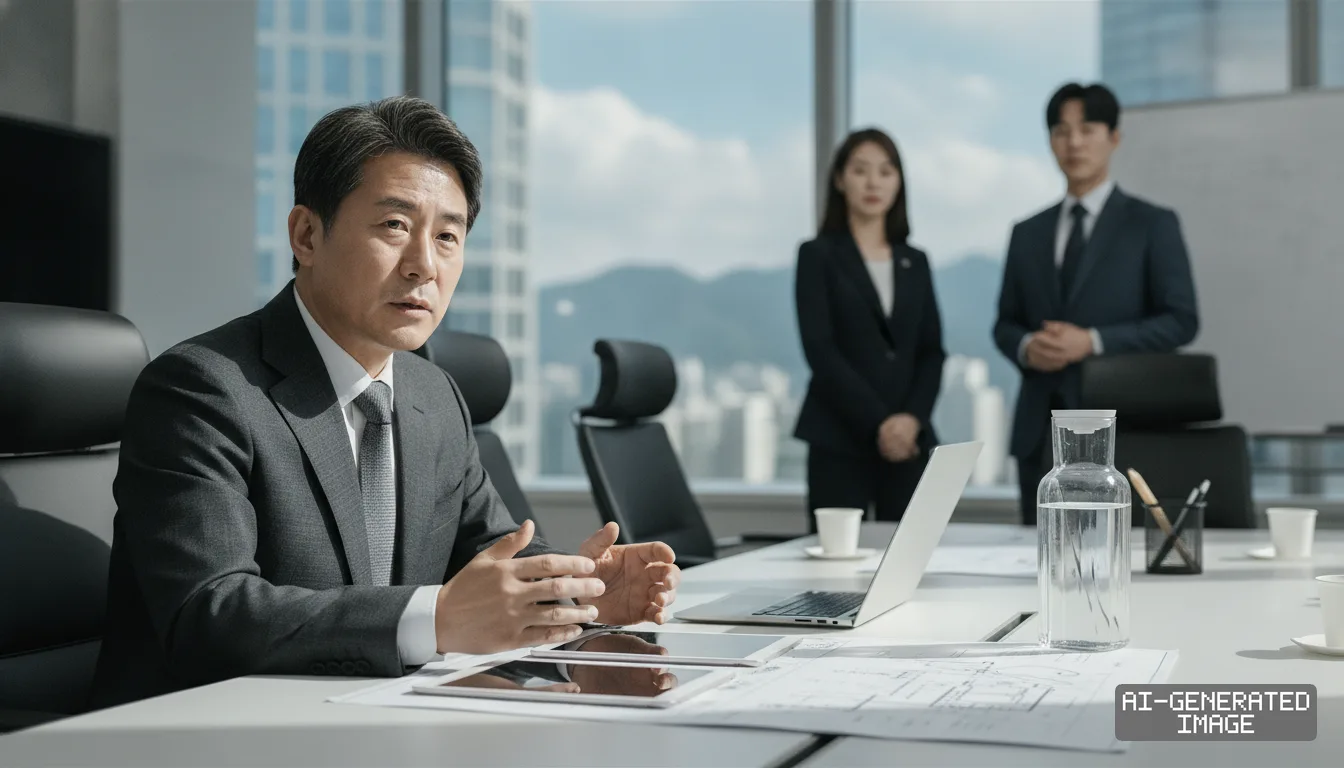A corporate executive discusses trade logistics at a conference table with documents and colleagues standing nearby. (AI-generated image)