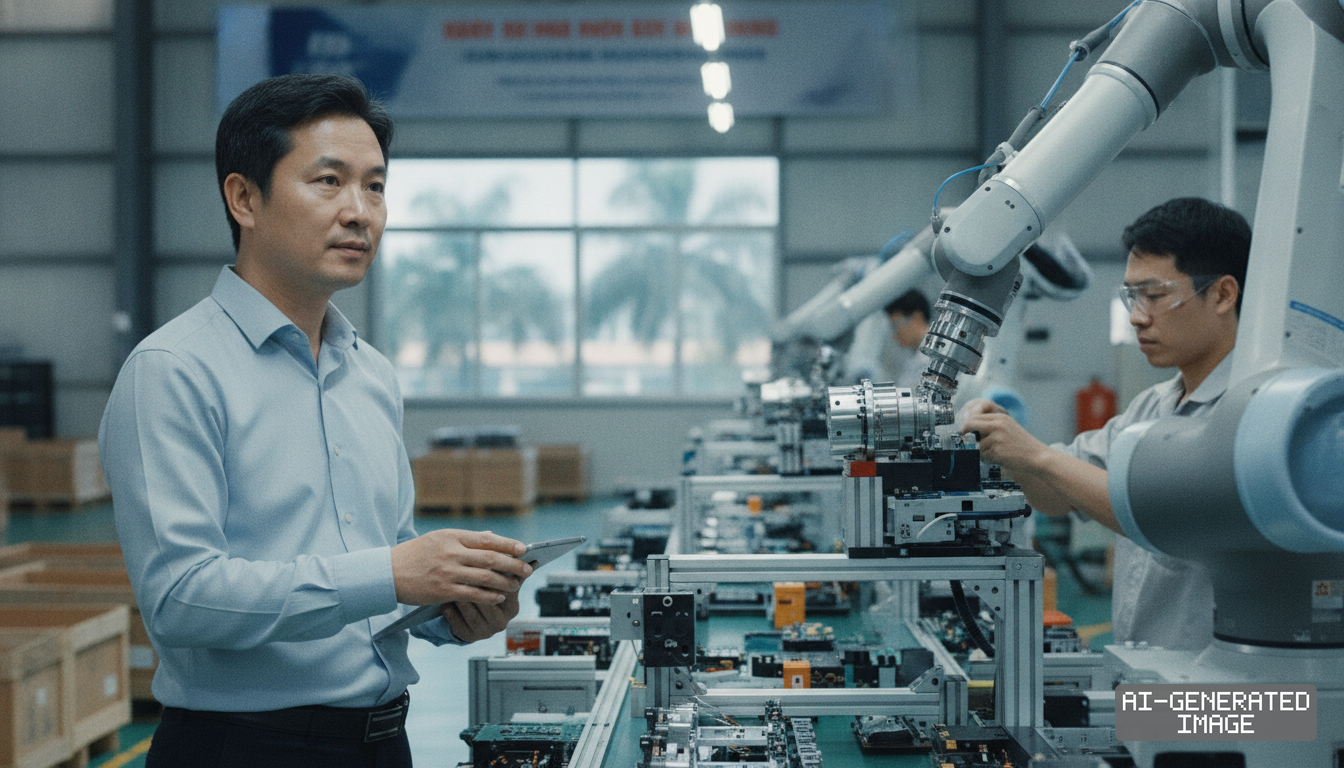 A supervisor with a tablet monitors automated robotic arms and workers along a precision manufacturing assembly line. (AI-generated image)