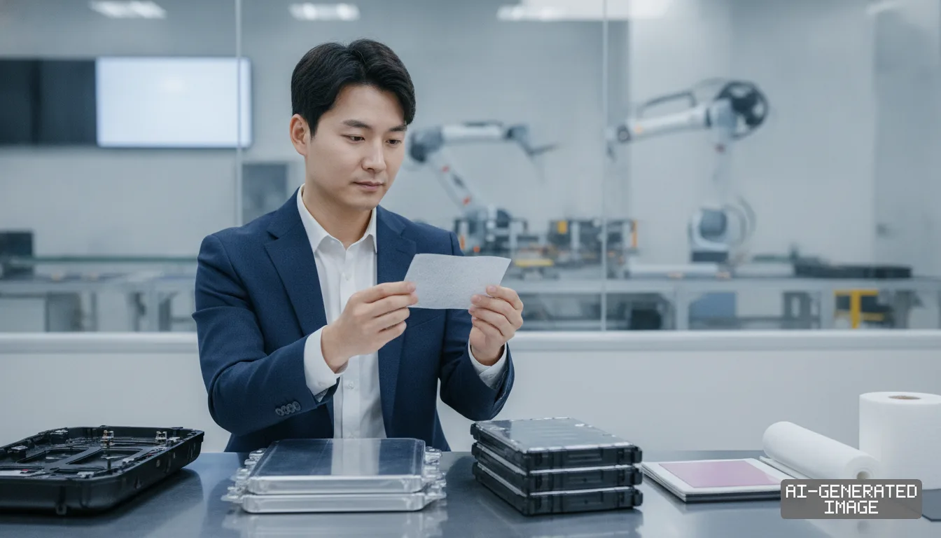 An engineer examines an aerogel thermal insulation sheet beside electric vehicle battery components in a modern facility. (AI-generated image)