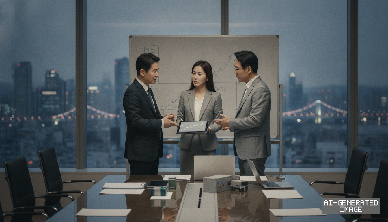 Business professionals review market data on a tablet in a high-rise conference room overlooking a city skyline. (AI-generated image)