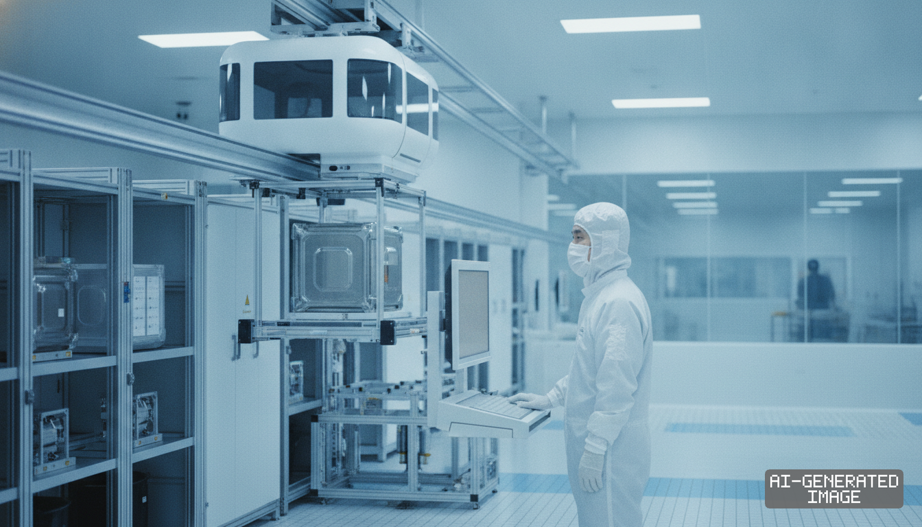 A cleanroom worker operates a terminal beside an automated overhead hoist transport system carrying a pod in a semiconductor facility. (AI-generated image)
