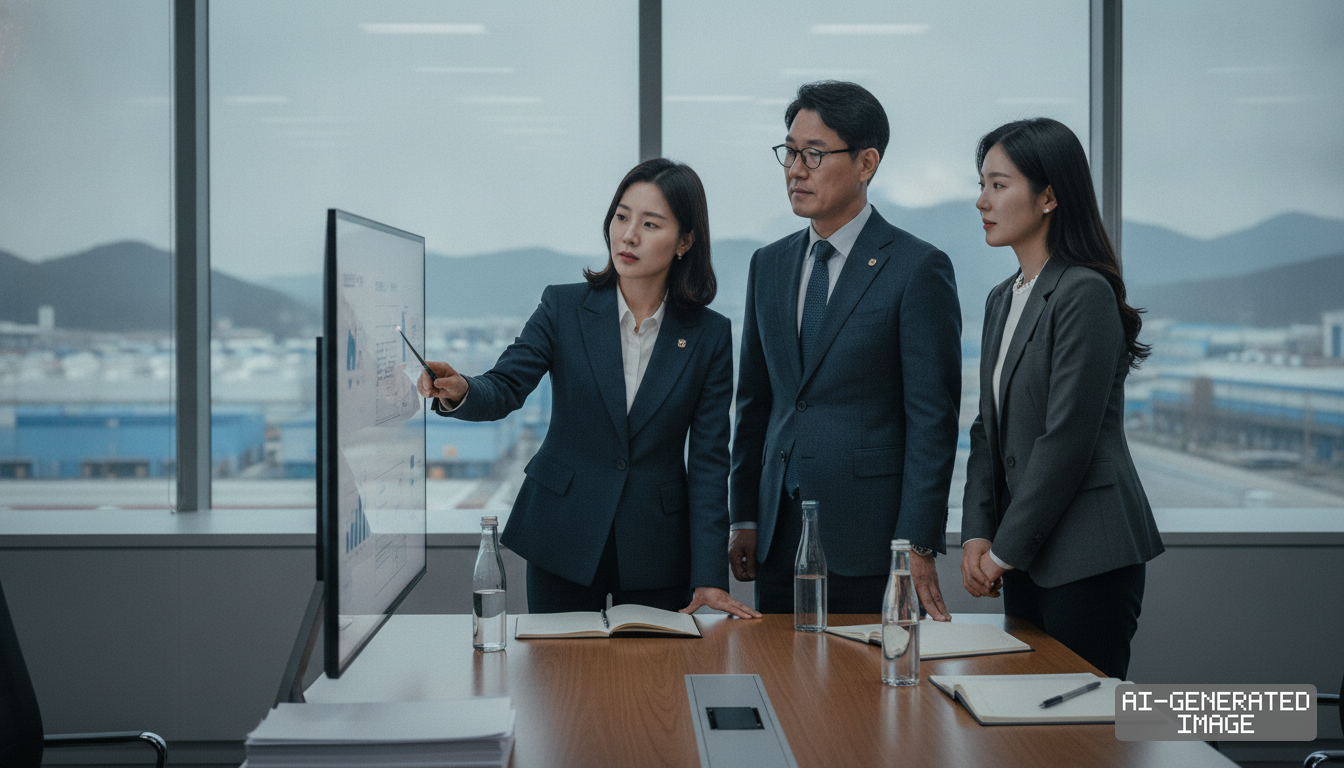 Corporate professionals analyze manufacturing data on a screen inside a conference room overlooking an industrial facility. (AI-generated image)
