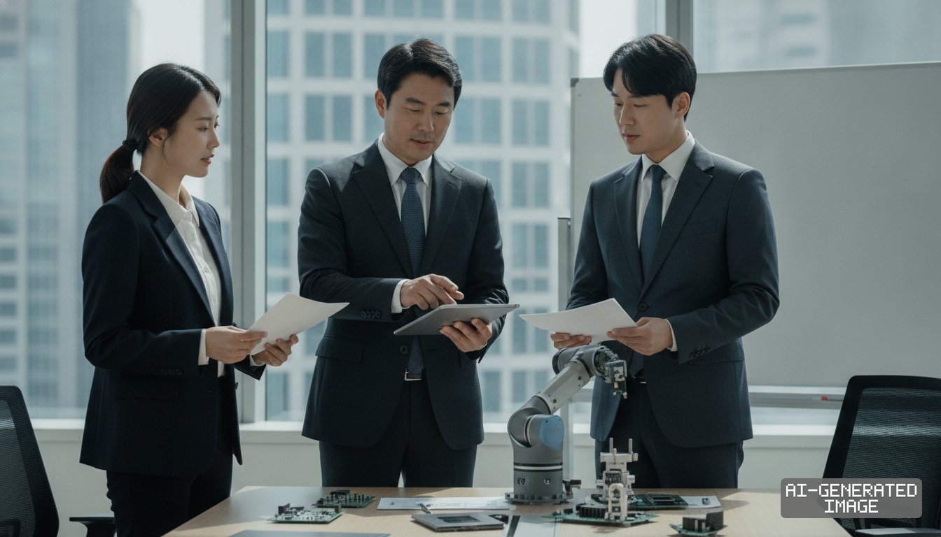 Corporate professionals review documents and a tablet beside industrial robotics components on a conference table. (AI-generated image)