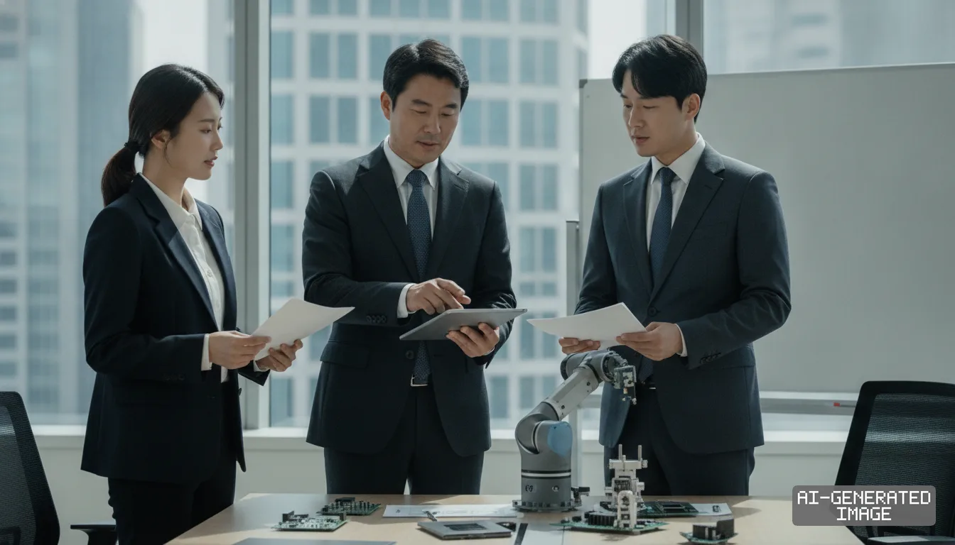 Corporate professionals review documents and a tablet beside industrial robotics components on a conference table. (AI-generated image)