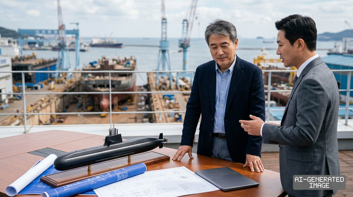 Two executives discuss submarine designs with a model and blueprints on a table overlooking an active shipyard. (AI-generated image)