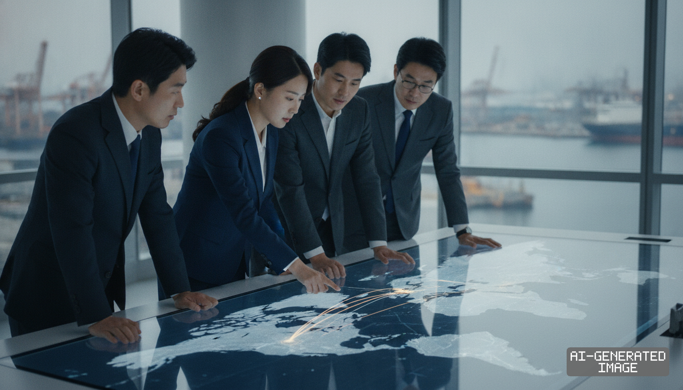 Business professionals examine global supply routes connecting North America and Asia on an interactive digital map table. (AI-generated image)