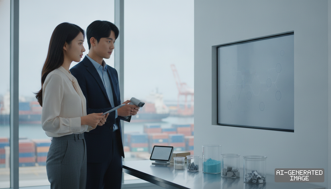 Officials inspect processed material samples and tracking data displays overlooking an active shipping port. (AI-generated image)