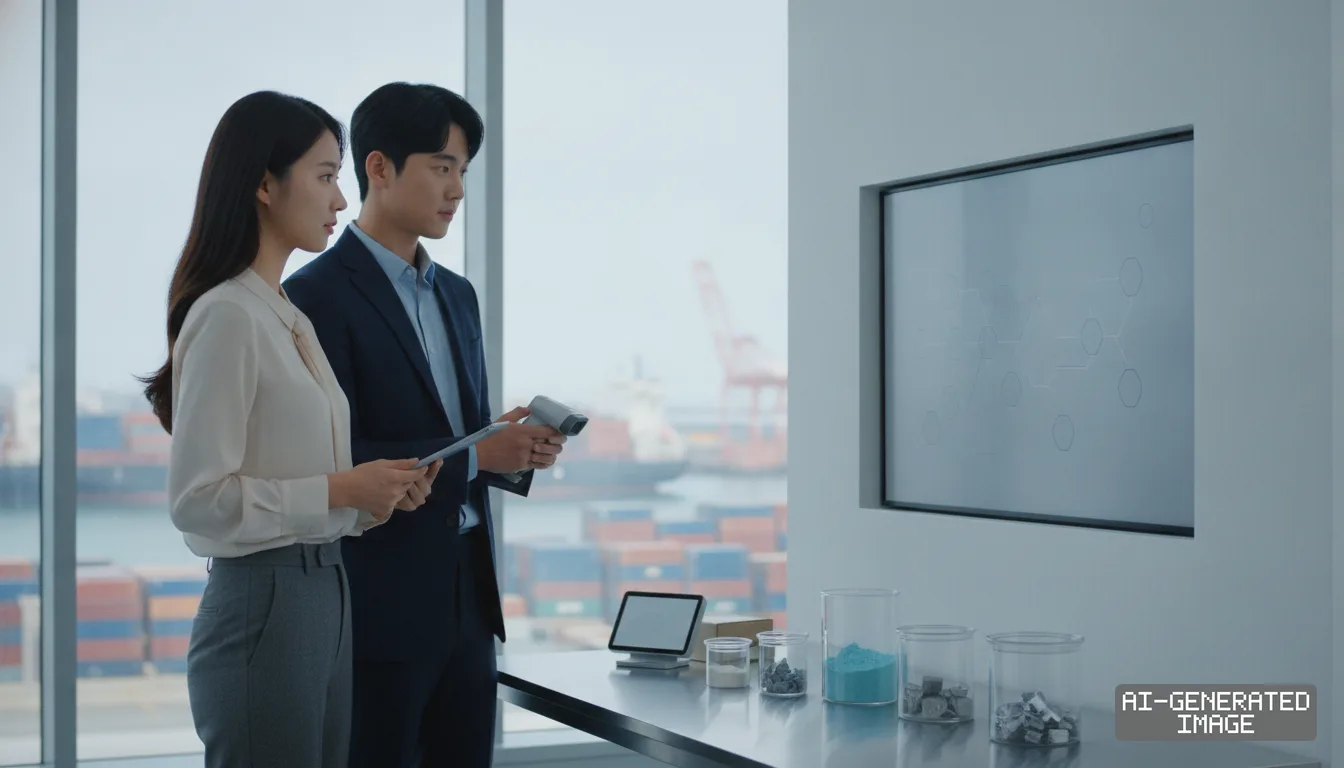 Officials inspect processed material samples and tracking data displays overlooking an active shipping port. (AI-generated image)