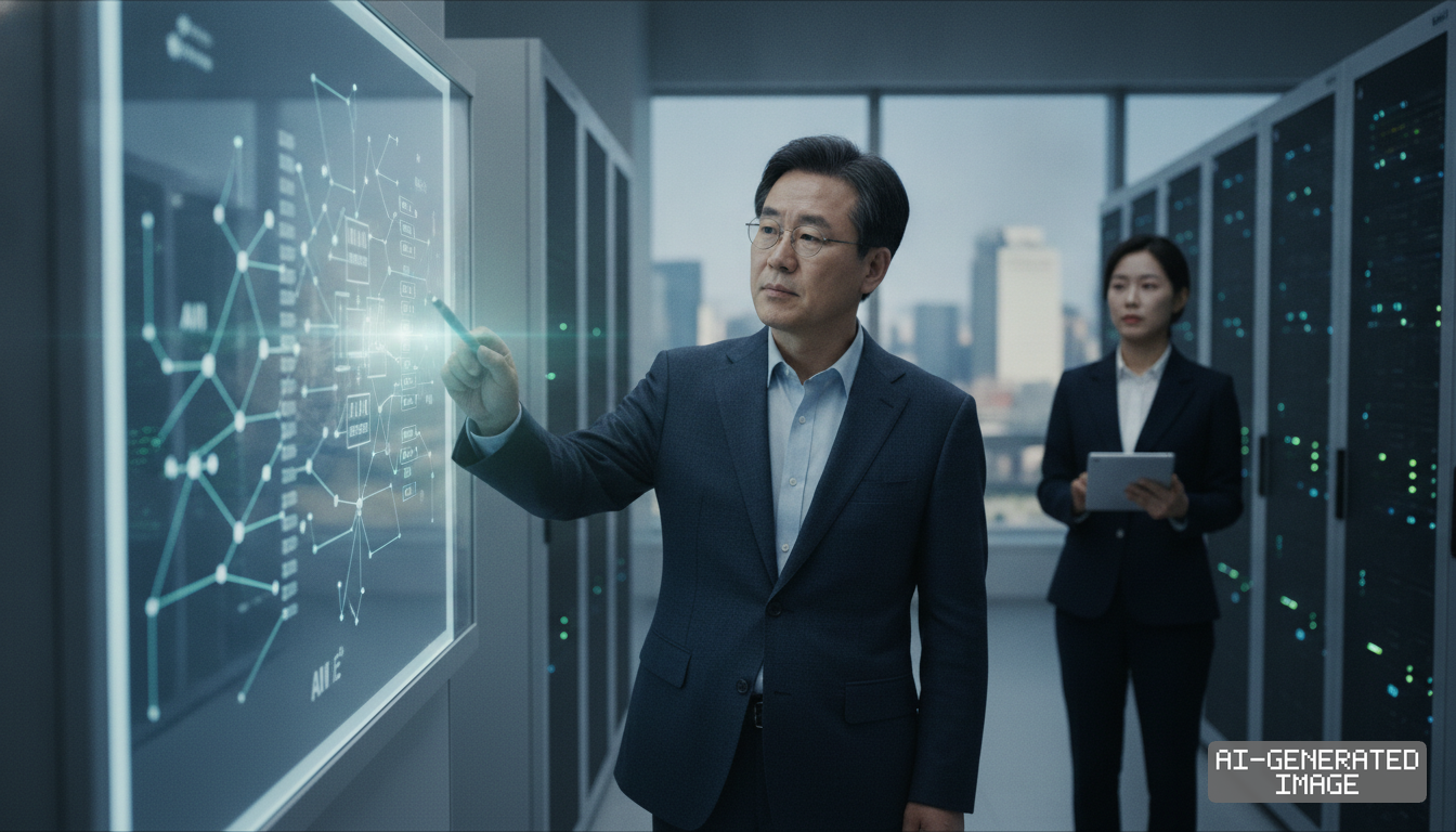 Professionals examine network diagrams on an interactive display inside an advanced computing data center facility. (AI-generated image)
