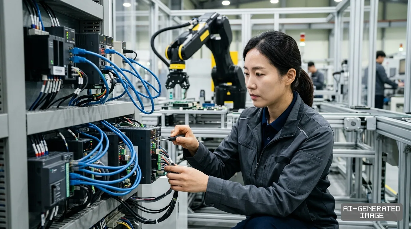 A technician works on networked industrial control drives next to an articulated robotic arm in an automated facility. (AI-generated image)