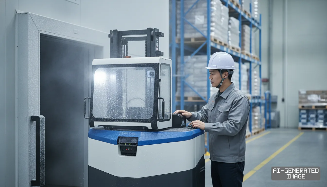 A worker operates a specialized reach truck exiting a frosted cold-storage chamber inside a logistics facility. (AI-generated image)