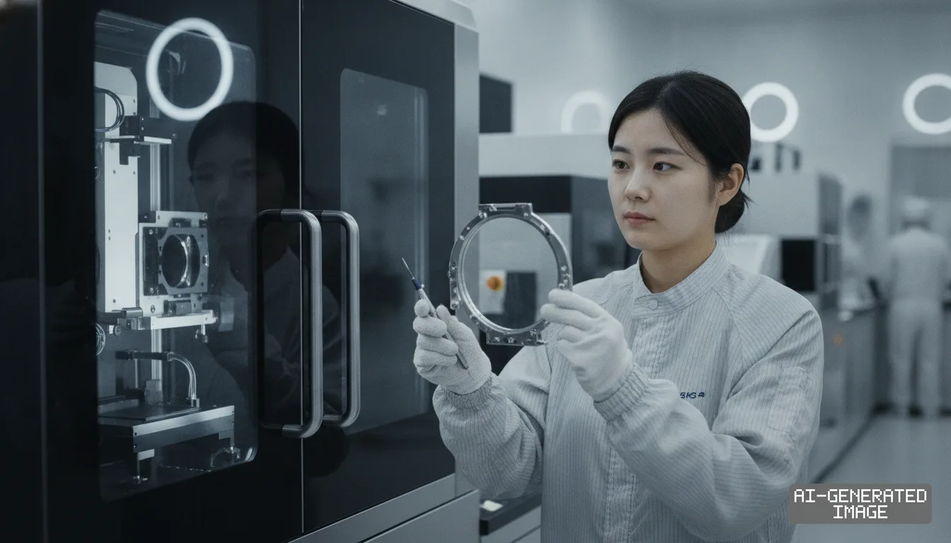 A technician in cleanroom attire inspects a metal component beside an advanced semiconductor inspection system. (AI-generated image)
