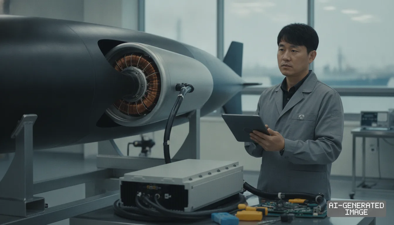 An engineer holding a tablet inspects an electric propulsion unit on an unmanned naval vessel prototype inside a testing laboratory. (AI-generated image)