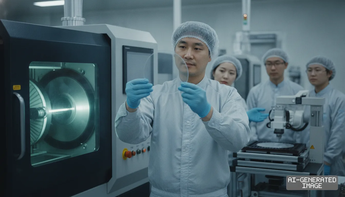 A cleanroom technician inspects a transparent silicon carbide wafer beside manufacturing equipment as colleagues observe. (AI-generated image)