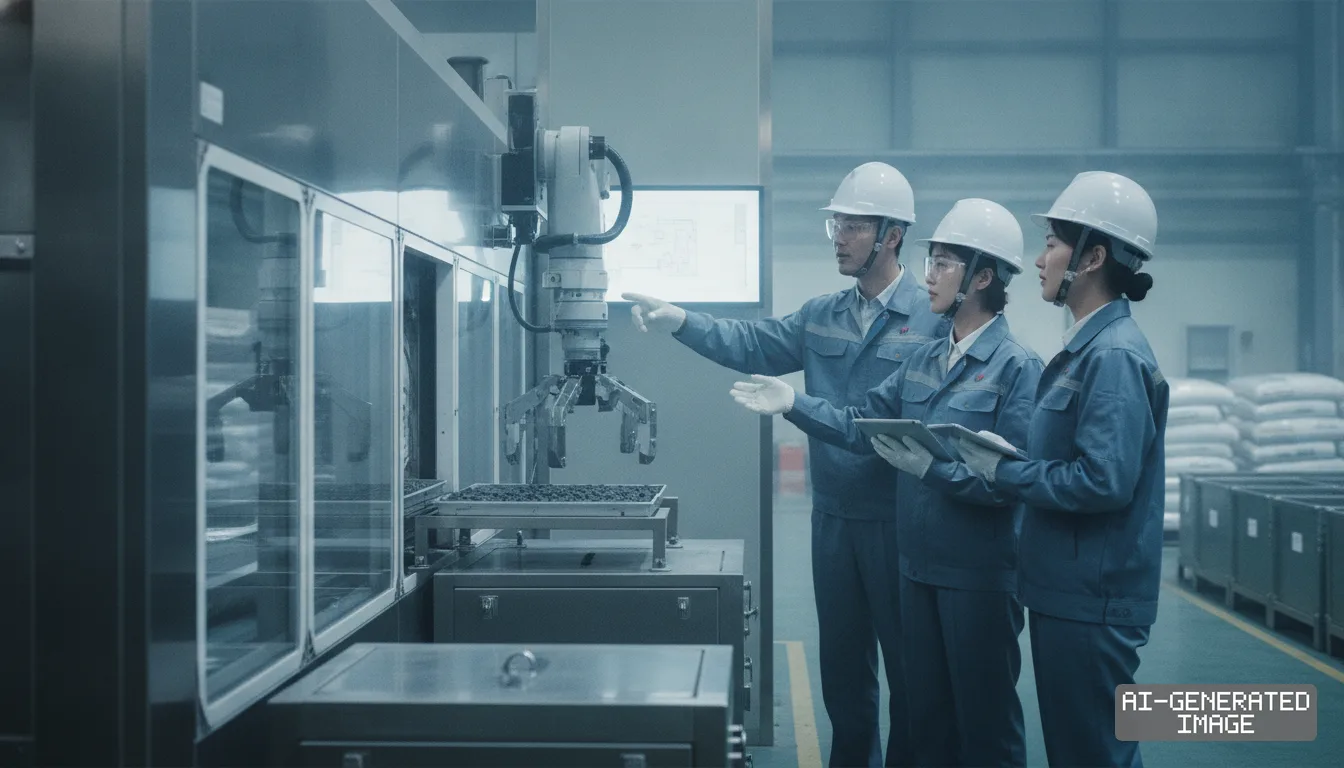 Engineers in protective gear inspect an automated robotic arm handling material trays along a cathode production line. (AI-generated image)