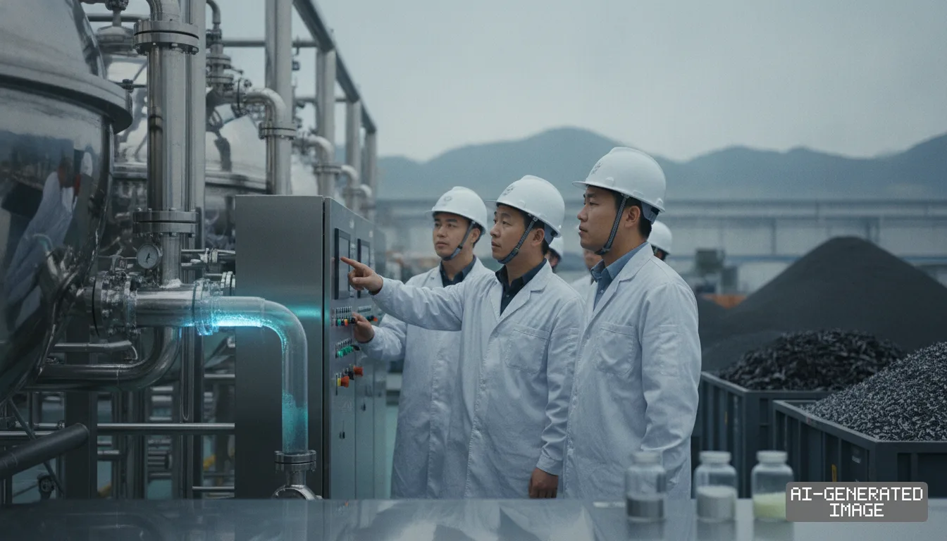 Engineers in lab coats inspect processing controls beside chemical tanks and jars of refined rare earth compounds. (AI-generated image)