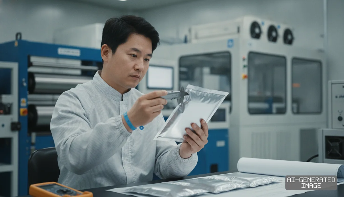 A technician measures a silver pouch battery cell with a caliper inside a pilot manufacturing facility. (AI-generated image)