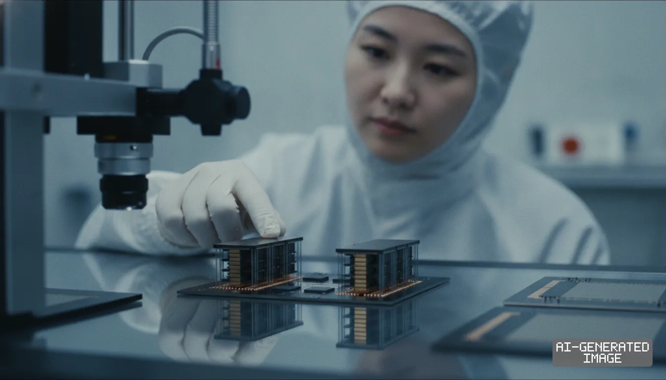 A technician in cleanroom attire inspects an advanced semiconductor module featuring vertically stacked dies on a substrate. (AI-generated image)