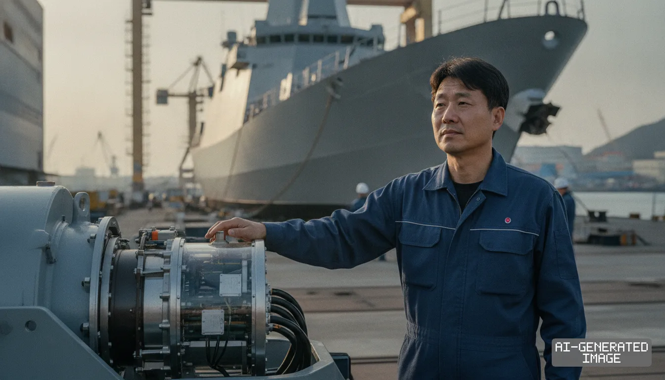 An engineer stands beside propulsion machinery at a shipyard with a modern naval frigate docked in the background. (AI-generated image)