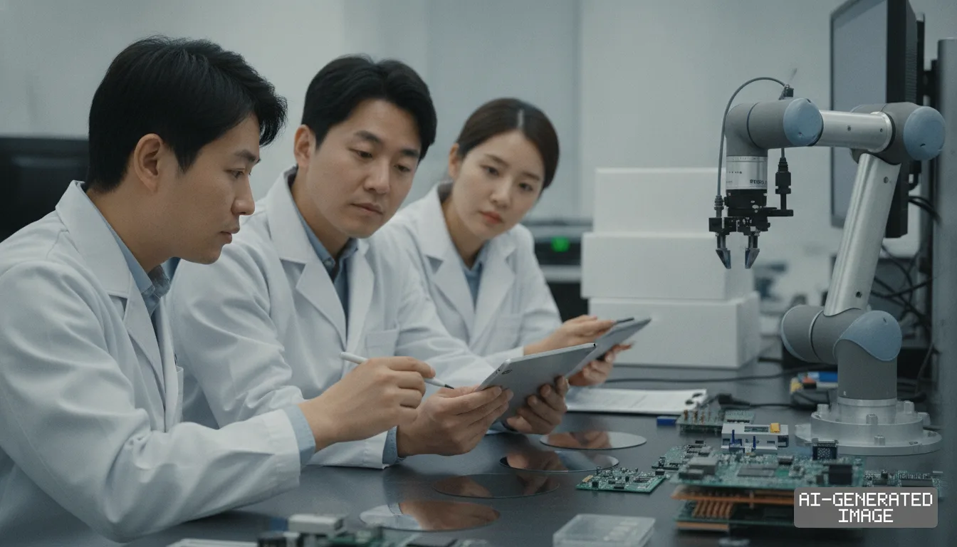 Engineers in lab coats analyze data on a tablet beside circuit boards, silicon wafers, and an articulated robotic arm. (AI-generated image)