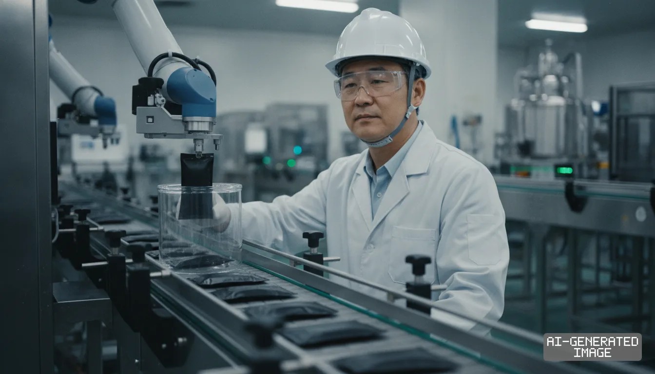 A technician in protective gear monitors an automated robotic system handling packaged material on a production line. (AI-generated image)