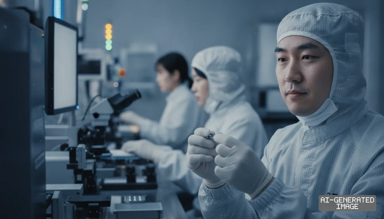 Technicians in cleanroom suits assemble and inspect precision optical hardware components along a high-tech manufacturing line. (AI-generated image)
