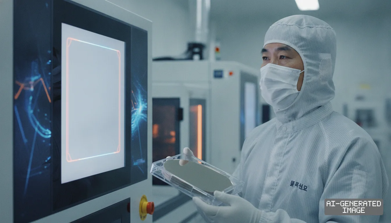 A technician in a cleanroom suit holds a semiconductor wafer beside automated processing equipment during manufacturing operations. (AI-generated image)