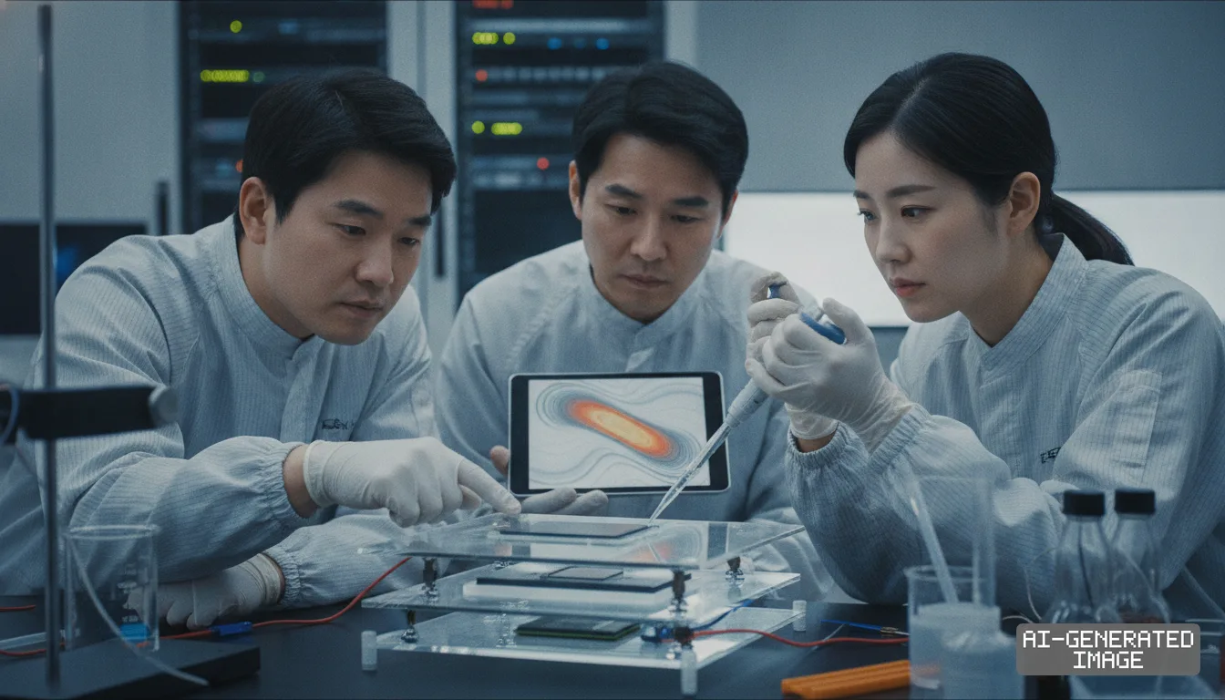 Researchers in lab coats test advanced packaging thermal materials while reviewing a heat dissipation map on a tablet. (AI-generated image)