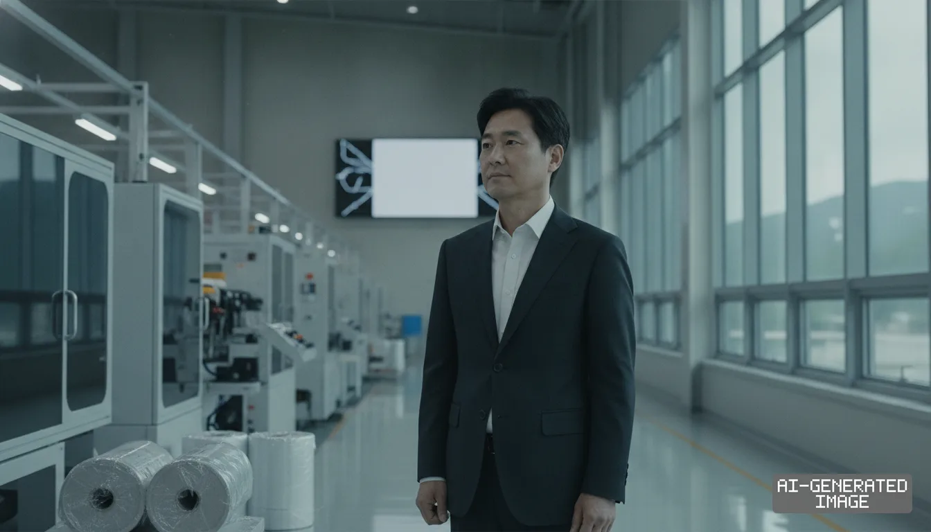 A man in a business suit stands inside a battery separator manufacturing facility equipped with industrial machinery. (AI-generated image)