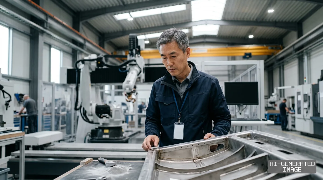 A technician inspects a precision metal airframe component on a workbench in an advanced aerospace manufacturing facility. (AI-generated image)