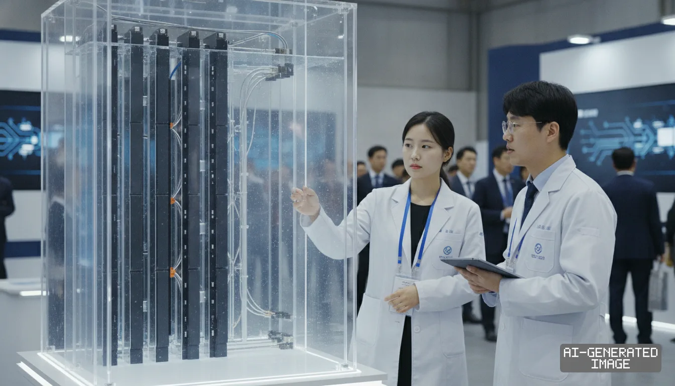 Researchers examine an immersion cooling battery system showcased inside a transparent tank at the InterBattery exhibition. (AI-generated image)