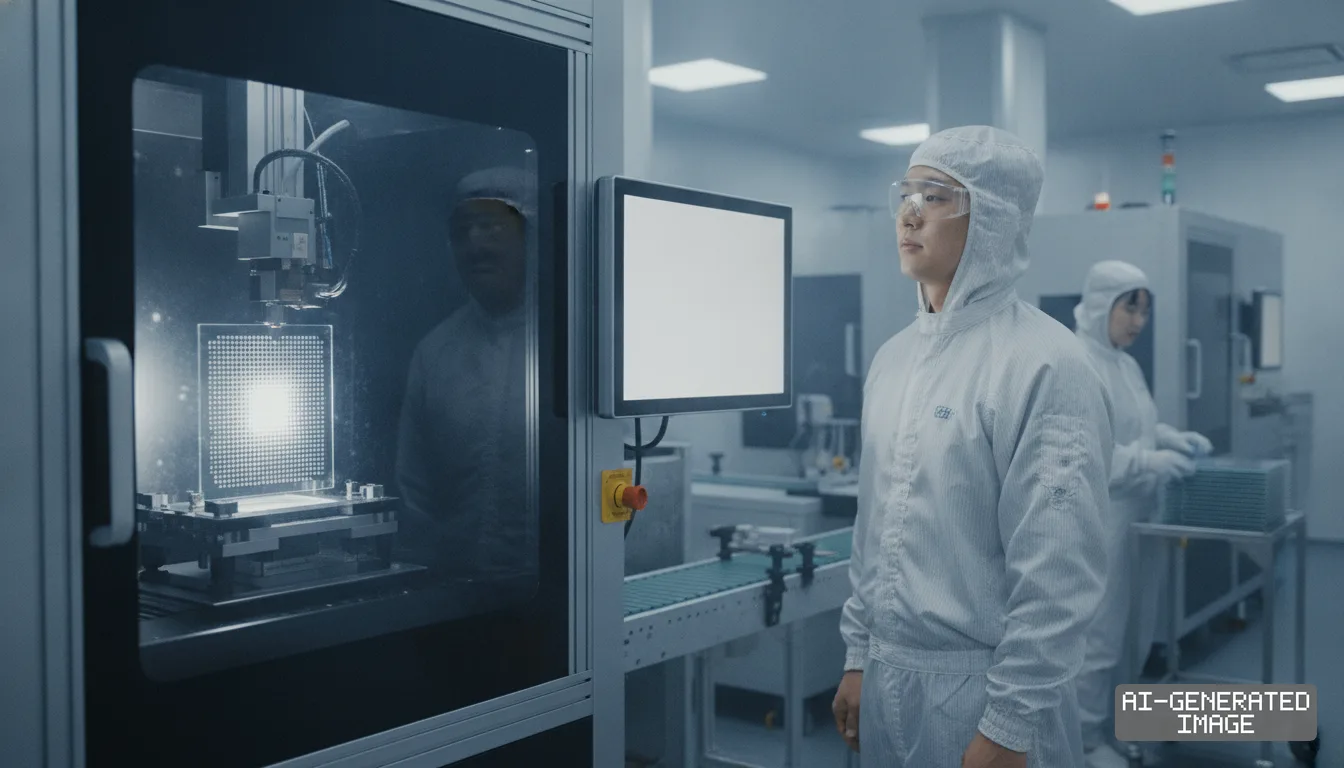 A cleanroom technician monitors automated laser equipment processing a glass substrate inside a facility. (AI-generated image)