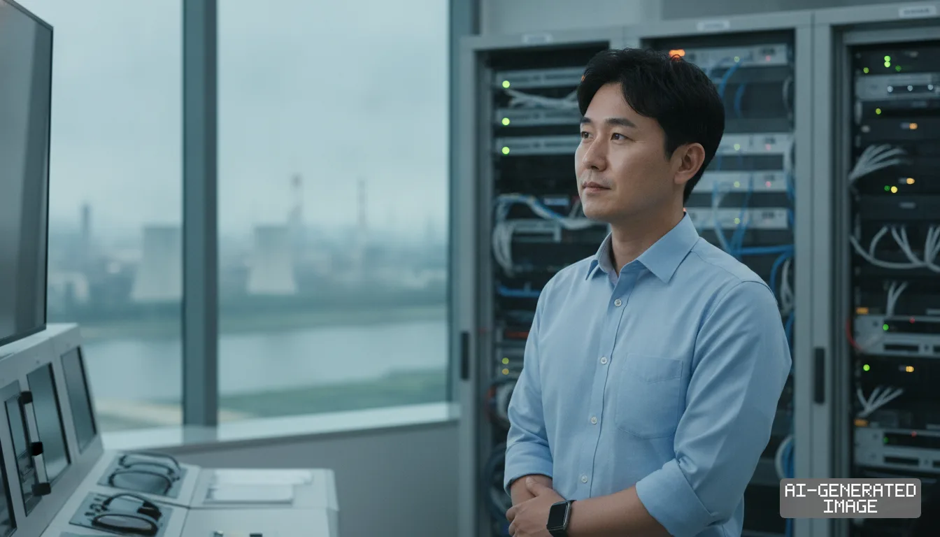 A utility engineer stands beside server racks in a control room overlooking an industrial manufacturing zone. (AI-generated image)