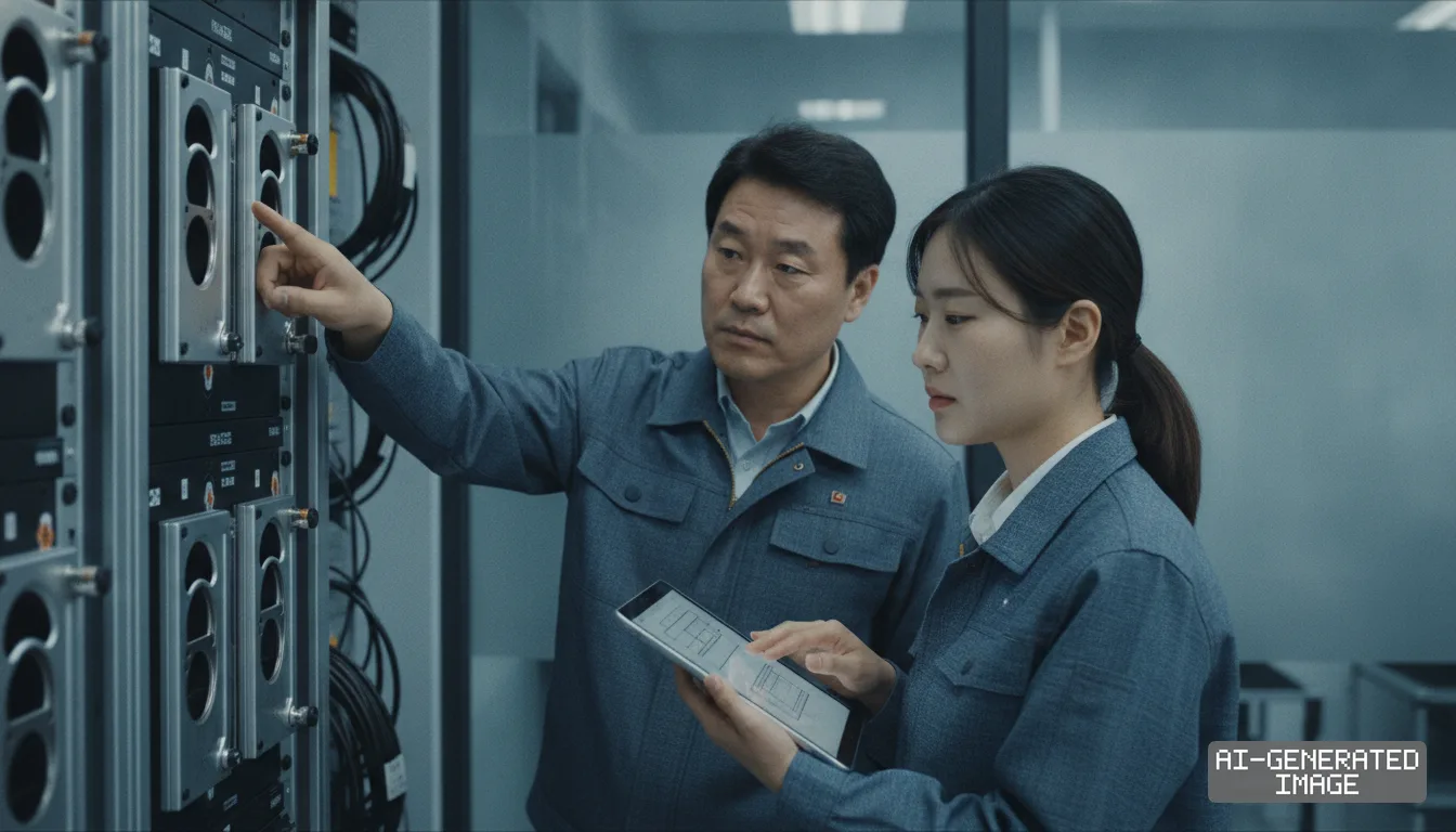 Technicians examine modular battery hardware in an equipment rack while referencing schematics on a tablet. (AI-generated image)