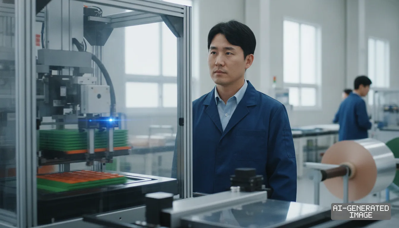 A technician in a blue coat monitors automated stacking machinery inside a battery manufacturing facility. (AI-generated image)
