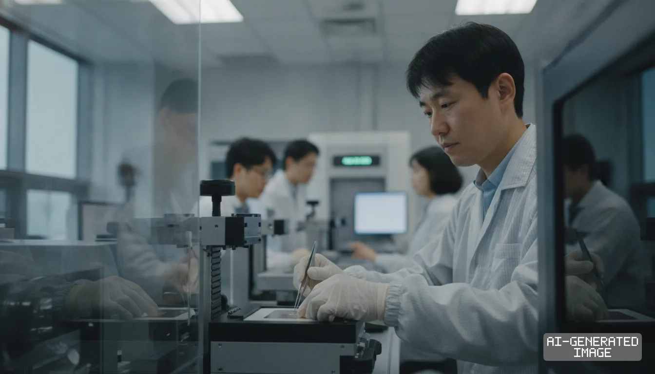 Researchers in lab coats handle semiconductor materials using precision tools in a cleanroom testing laboratory. (AI-generated image)