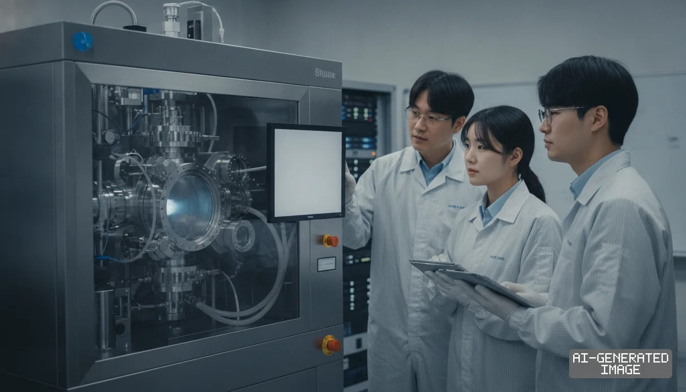 Researchers in lab coats examine advanced semiconductor processing equipment during materials development in a laboratory. (AI-generated image)