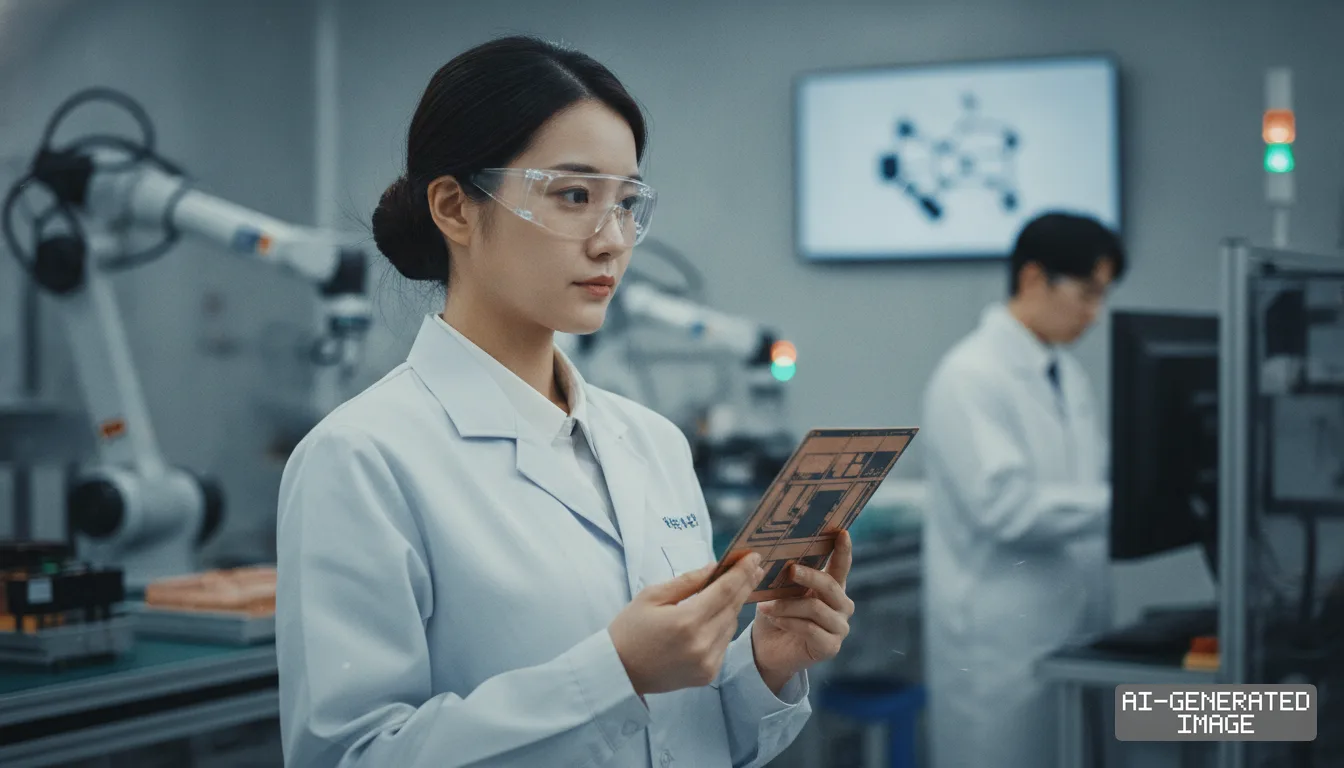 A technician in safety glasses inspects a circuit board sample inside an advanced electronics manufacturing facility. (AI-generated image)