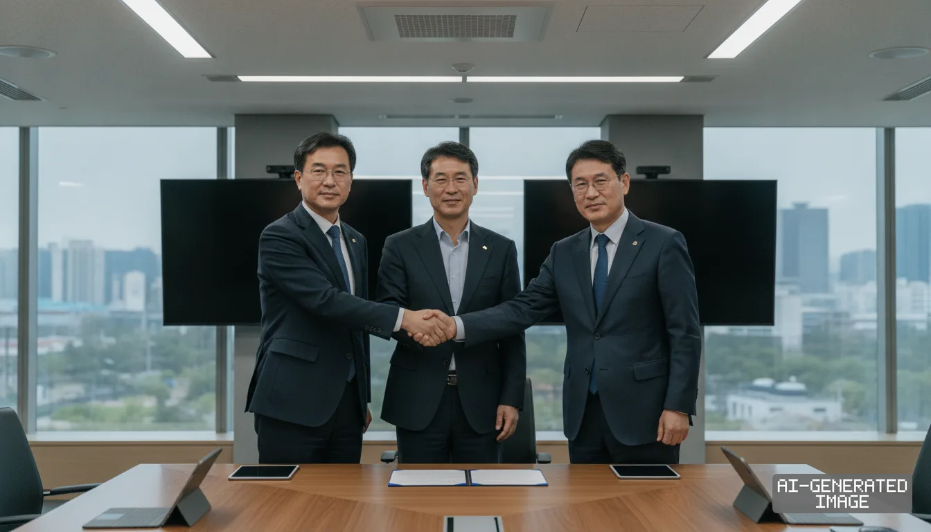 Executives shake hands in a conference room over signed documents to mark an agreement to jointly develop advanced battery cell technology. (AI-generated image)