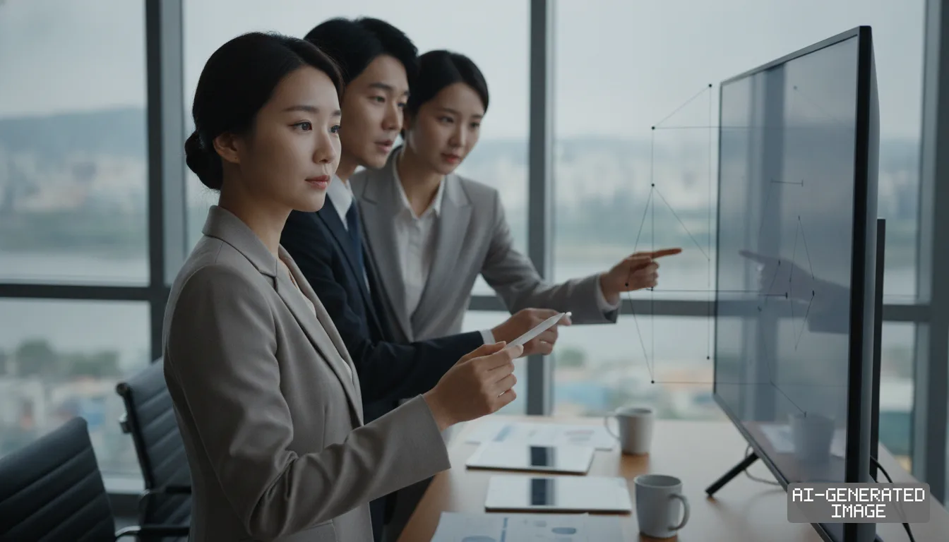 Industry professionals examine digital schematics and technical data on a screen in a conference room. (AI-generated image)