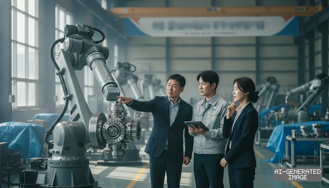 Engineers and executives inspect the joint assembly of an industrial robotic arm inside a manufacturing facility. (AI-generated image)