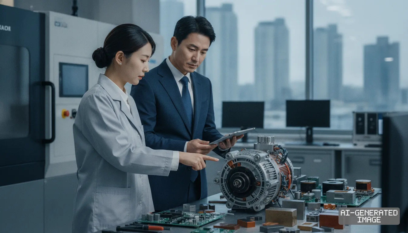 Researchers examine an electric motor assembly and circuit components in a laboratory as manufacturers assess drive technologies. (AI-generated image)
