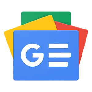 The Google News application logo displays a blue rectangle featuring a white letter G layered over yellow, red, and green cards.