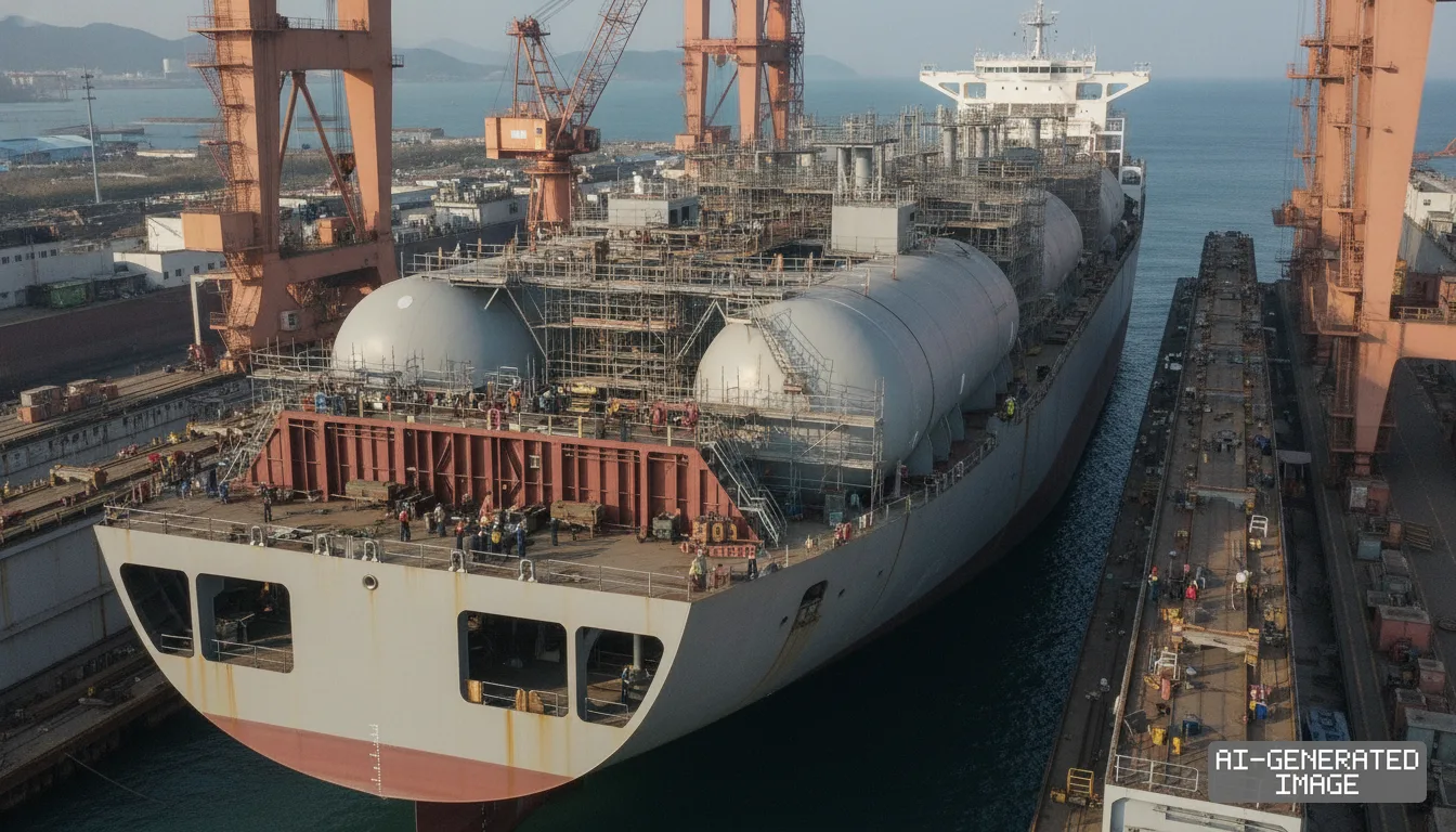 A large vessel undergoes construction with scaffolding and large tanks in a shipyard dry dock flanked by towering cranes. (AI-generated image)