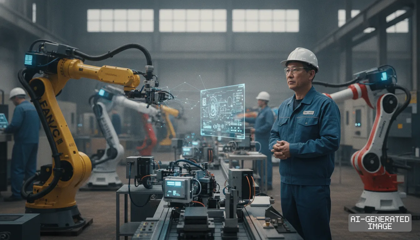 An engineer observes industrial robotic arms operating alongside a digital interface on an automated factory floor.