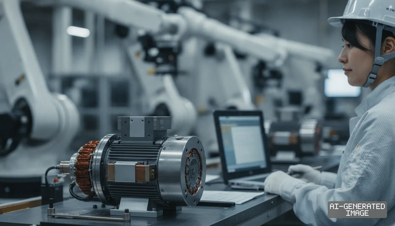 A technician reviews data on a laptop beside an electric drive motor in an industrial robotics facility.