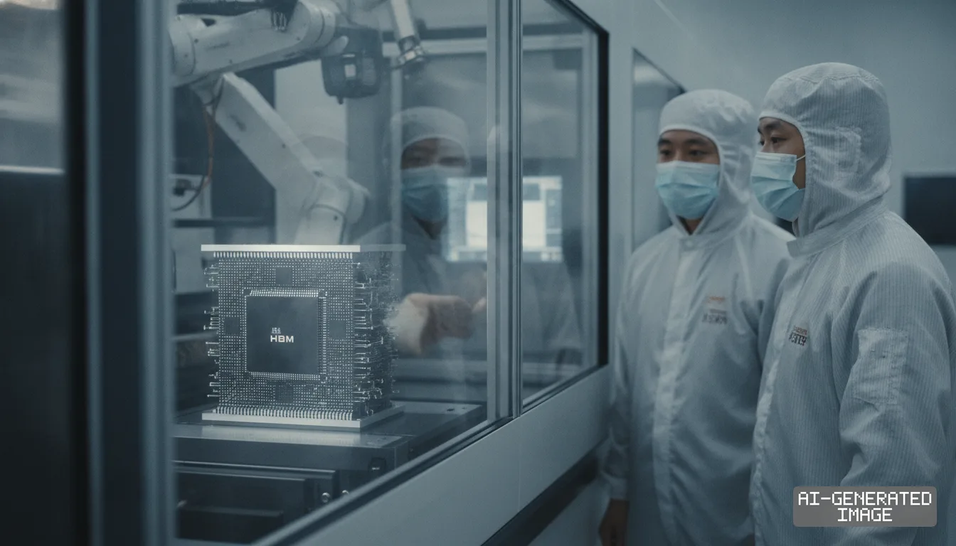 Technicians in protective cleanroom suits inspect a high-bandwidth memory chip module inside a semiconductor fabrication facility. (AI-generated image)