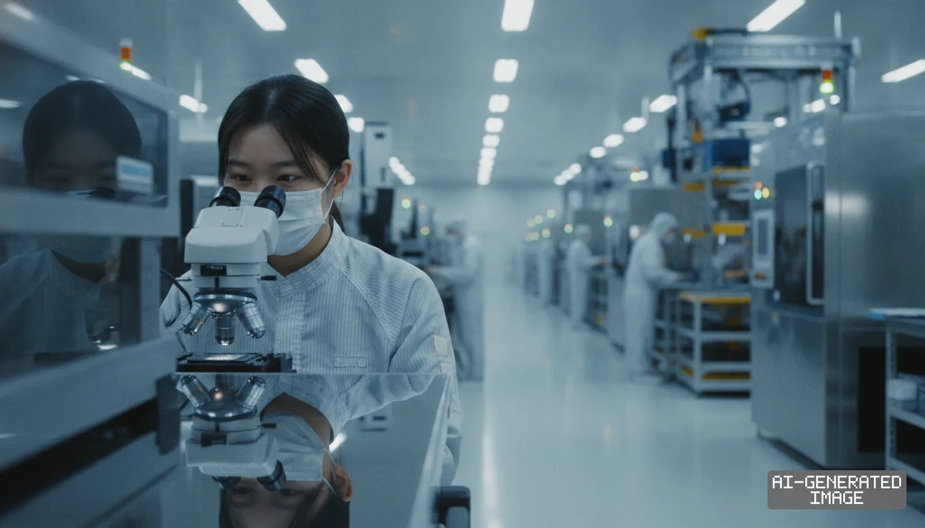 A technician in protective gear inspects semiconductor components under a microscope inside a cleanroom manufacturing facility.